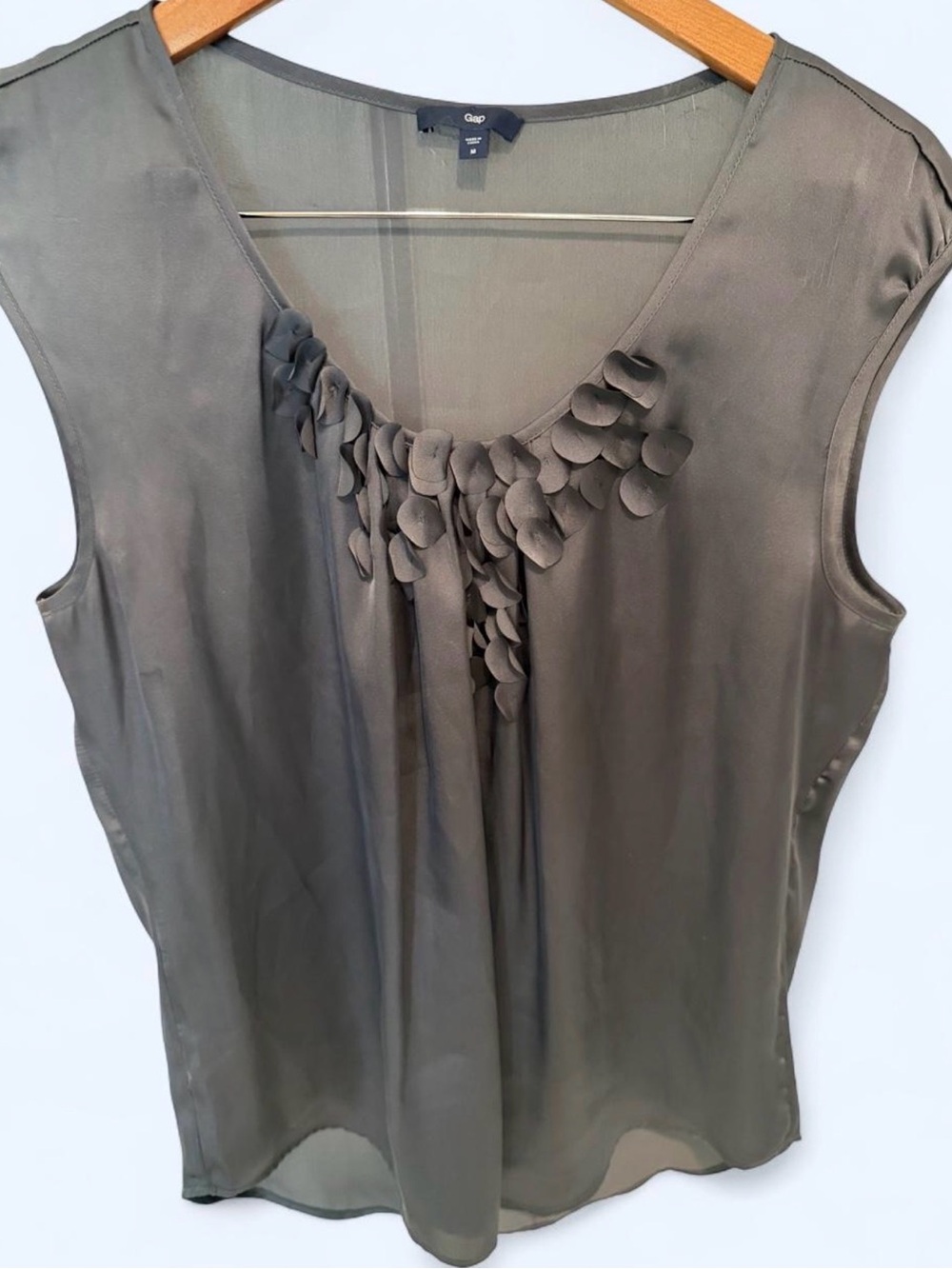 Gap Sleeveless Gray Green Petal-Trim Blouse